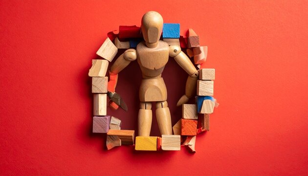 Two wooden artist mannequins posed against bright red background, one mannequin positioned as if pushing or kicking another mannequin, second mannequin appearing to fall backward into or through wall 