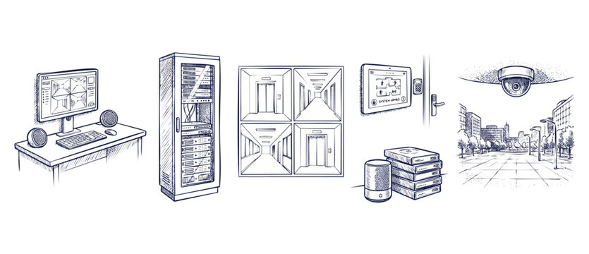 Security system line art icons representing smart home surveillance, CCTV camera monitoring, IT server rack, control panel keypad, and computer workstation. Hand-drawn sketch technology design.