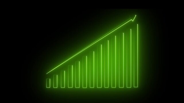 Glowing Positive Business Bar graph with Upward Trend Animation, A glowing bar chart with an upward trend on a black background