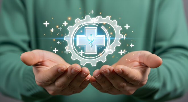 Innovative Digital Healthcare Solutions Concept Featuring a Medical Cross Symbol and Gear Mechanism Projected Above Hands for Modern Medicine