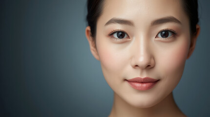 Fototapeta premium Asian woman portrait with calm expression and soft lighting, close up face, serene mood