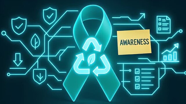 Environmental awareness concept featuring glowing ribbon, recycle symbol, leaf icon, digital data elements, shield, checklist, and growth chart representing sustainability, eco friendly practices