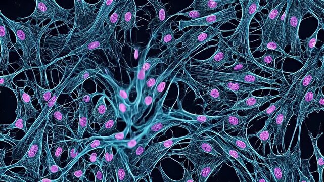 Human cell microscopic view showing detailed biological network, cytoskeleton fibers, purple nuclei, tissue structure, and intricate cellular connections advanced science and biology research anatomy