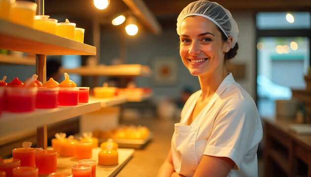 Female baker smiling in a bakery with pastries. Happy chef holding tray of fresh donuts and desserts in professional kitchen.