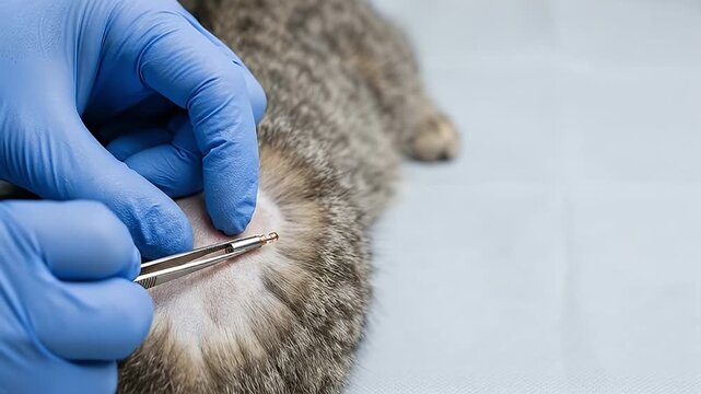 Microchip implantation in pet skin by veterinarian wearing blue gloves with tweezers for animal healthcare, pet identification near fur and tick removal procedure on animal skin close up