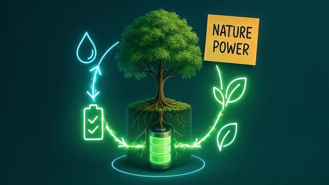 Nature power concept green tree growing on battery symbolizing renewable energy sustainable environment with water drop leaf icons glowing neon energy flow for green environment conservation
