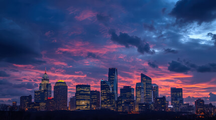 Fototapeta premium Twilight skyline with illuminated office windows and dramatic pink clouds