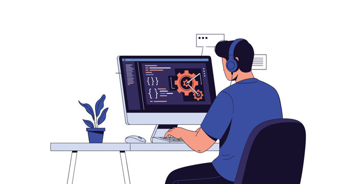 Senior programmer sitting at his office desk with headphones on, writing clean code on a computer screen in flat style.
