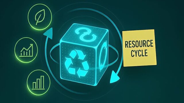 Resource cycle concept featuring glowing recycling symbol cube and eco icons representing sustainability, growth, and green digital environment with circular arrows and blue glowing cube symbolizing