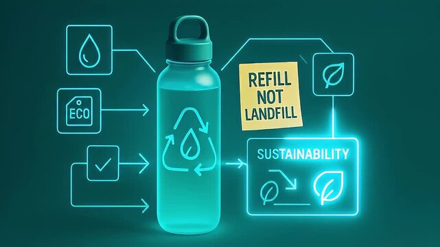 Reusable water bottle featuring sustainability and eco friendly design with refill over landfill message, environmental and green icons promoting plastic free, recycle, and water conservation