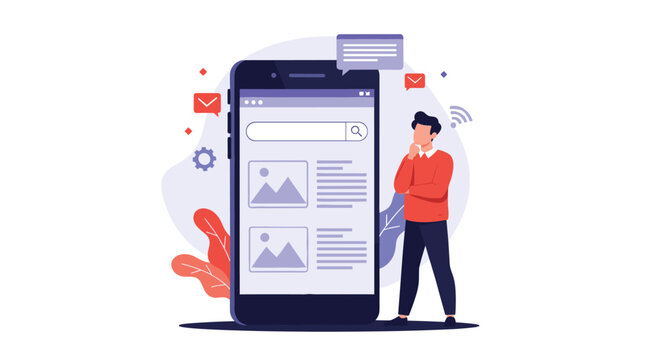 Young man stands thoughtfully next to a giant smartphone screen displaying search results and mobile website design.