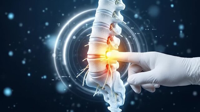Spine model vertebra with highlighted nerve pain area and gloved hand pointing, medical anatomy of back pain injury, healthcare concept showing digital interface for pain relief and orthopedic