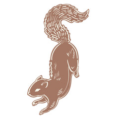 Naklejka premium A forest animal in woodcut block print style. Brown squirrel with white line art. Animal vintage stamp shape on a transparent background. Hand-drawn vector decorative isolated clip art illustration