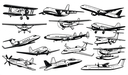 Diverse Vintage and Modern Aircraft Collection in Clean Vector Illustration Style © Graphic Seller
