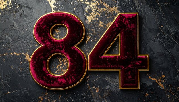 Elegant Number 84 in Red Velvet with Golden Edges on Dark Marble