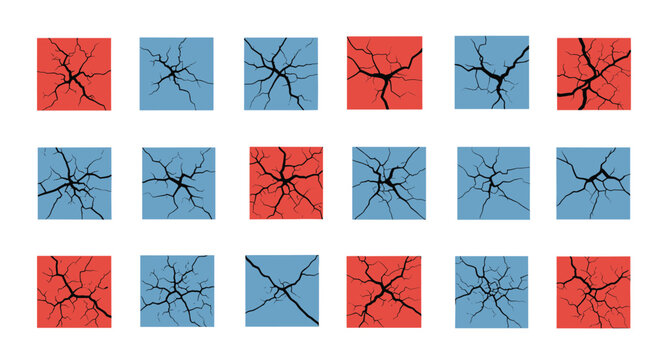 Pattern of cracked glass square tiles in contrasting blue and red colors arranged in rows on a white background.