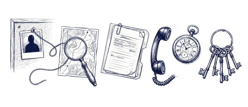 Detective investigation elements sketch concept featuring vintage map magnifying glass pocket watch telephone and keys, evoking mystery crime solving and private investigator espionage theme artwork.