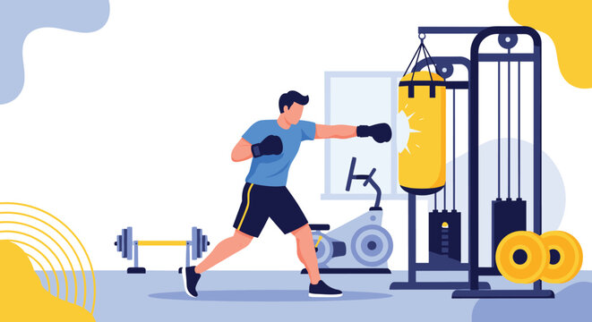 Male boxer practicing punches on a yellow punching bag in the gym with various workout equipment in the background.