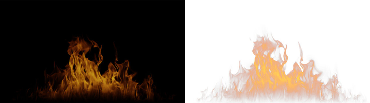 Flames flickering and dancing on a transparent background showing bright colors in a fire simulation