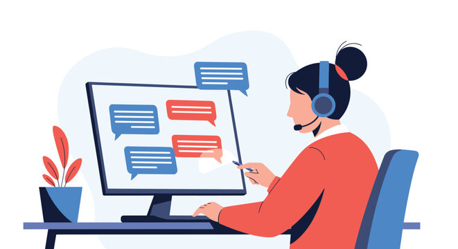 Young female customer support agent using a desktop computer with multiple chat messages for fast online service.