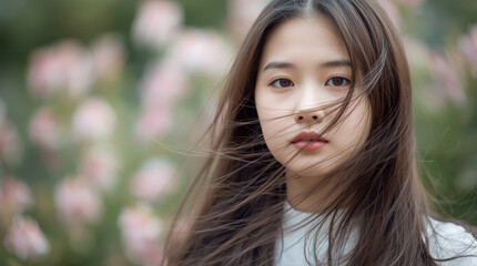 Naklejka premium Young Asian woman portrait with flowing hair and soft floral bokeh