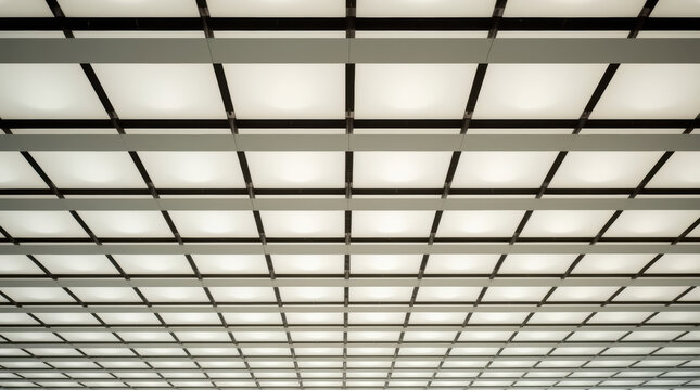 Modern grid ceiling with soft diffuse lighting creating calm geometric repetition