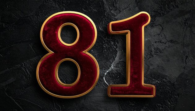 Elegant 3D Number 81 Red Velvet Fabric with Gold Trim on Black Stone Wall