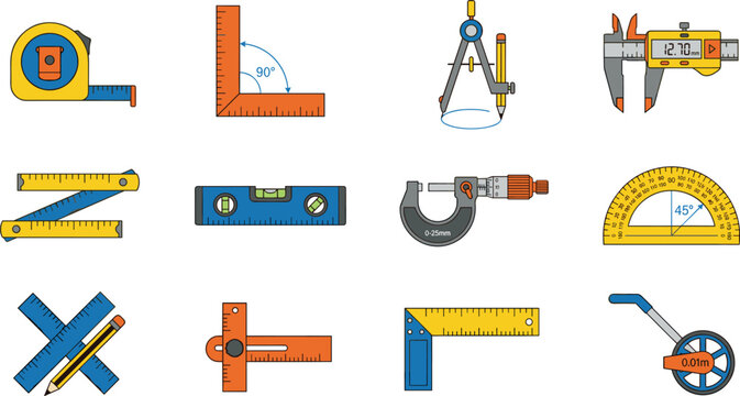 Measurement and Precision Drafting Tool Icon Set with Caliper Micrometer Rulers Protractor and Tape Measure Engineering Vectors