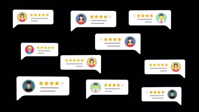 Customer Review Animation, Testimonial Speech Bubbles, Five Star Rating Comments, Alpha Channel Transparent Background