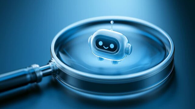 Exploring a cute robot inside a magnifying glass with blue tones in a digital setting