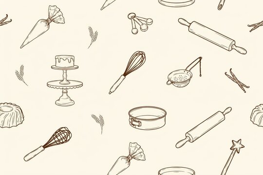 Seamless pattern of baking tools including whisks, rolling pins, cake stands, and piping bags on a light cream background, for kitchen decor