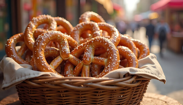 Freshly baked pretzels in a rustic basket. Golden brown twisted bread snacks ready for serving at cafes or markets.