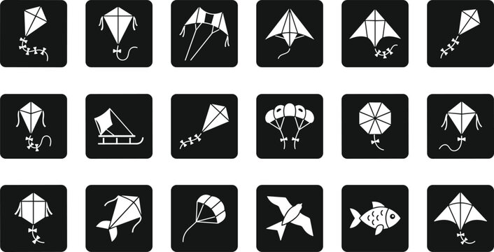 Minimalist Flying Kite Icon Set with Wind Activity Symbols for Outdoor Festivals, Websites, Applications, and Creative Digital Graphic Designs