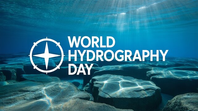 World Hydrography Day underwater scene with compass rose logo highlighting ocean mapping science exploration and marine awareness