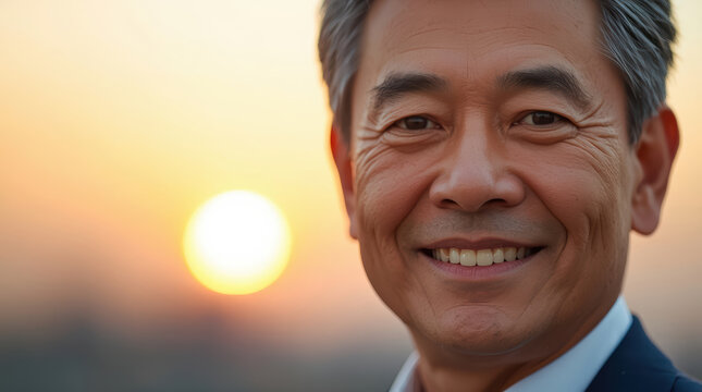 Asian senior man smiling at sunset with warm light and confident expression