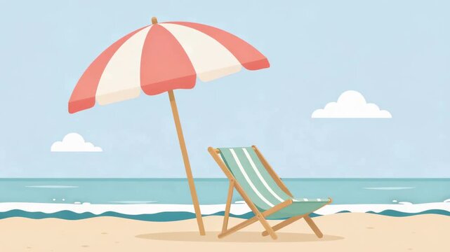 Relaxing beach scene with striped umbrella and deck chair on sunny seaside in flat vector illustration style