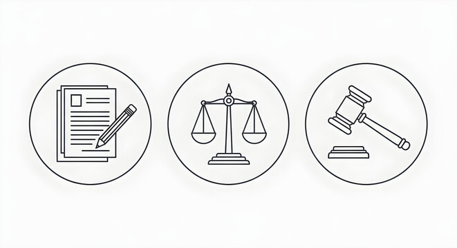 Legal System and Justice Concept Icons Featuring a Document With a Pen, Balance Scales, and a Gavel for Law and Professional Services