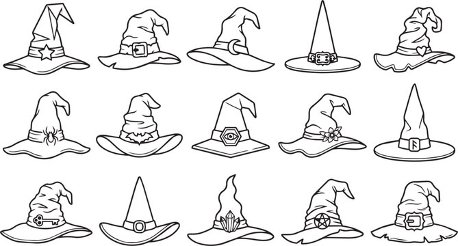 Collection of fifteen unique witch hats with different styles and details