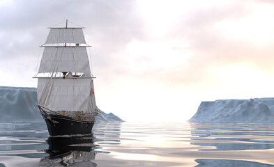 Historic polar exploration ship handcrafted interpretation of Endurance in iceberg area 3D render based on historical data front view © Antonin