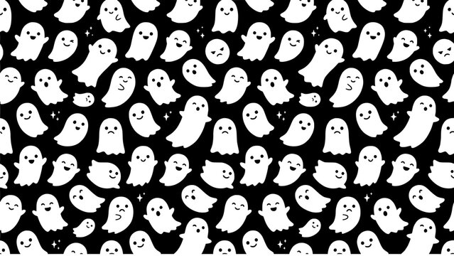 Seamless pattern with cute little white ghosts on a black background for design