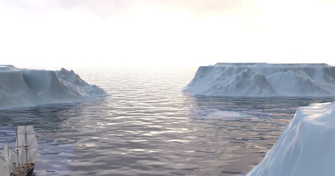 Historic polar exploration ship handcrafted interpretation of Endurance in iceberg area 3D render based on historical data aerial view