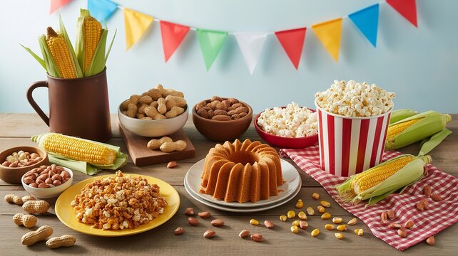 Festive harvest table with bundt cake peanuts popcorn corn and colorful flags celebrating traditional food and seasonal gathering