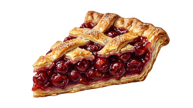 Delicious slice of cherry pie with lattice crust and sugar topping isolated on white transparent background