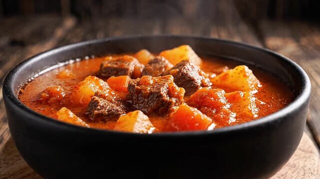 Traditional Hungarian goulash inside matte black bowl, rich paprika stew gently steaming, dark rustic background, no spoon, no people, cinematic front dolly movement with shallow depth of field