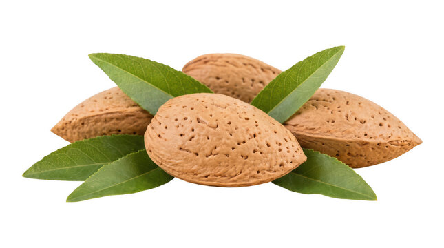 Whole almonds in shells with fresh green almond leaves plant based nut in shell almond nuts raw food diet food super food ingredient vegetarian nutrition healthyfood superfood as PNG cutout
