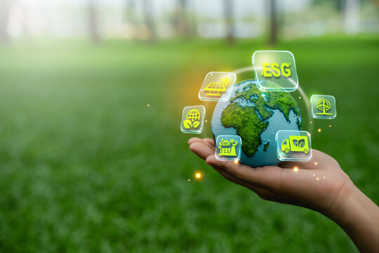 A crystal globe placed on moss. ESG concept (Environment, Society, and Governance). Sustainable global environment concept. Ecology. Conservation. Environmental concepts. Green business.