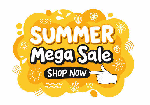 Bright colorful shopping promotion featuring modern typography and tropical themed illustrations
