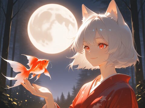 女性　白髪　ショートヘアー　猫耳　猫の擬人化　三白眼　白い毛　赤い和服　微笑み　満月　夜　森　自然　金魚が浮いている　幻想的な