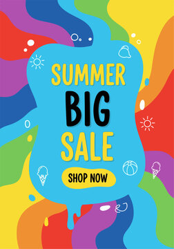 Creative abstract shopping banner featuring playful tropical symbols and colorful modern typography