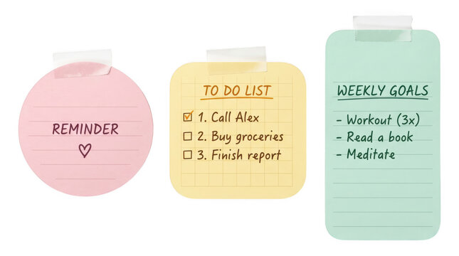 Daily and weekly goal sticky notes with handwritten lists stickynote reminder handwritten stationery planning personal management organization adhesive transparent background as PNG cutout